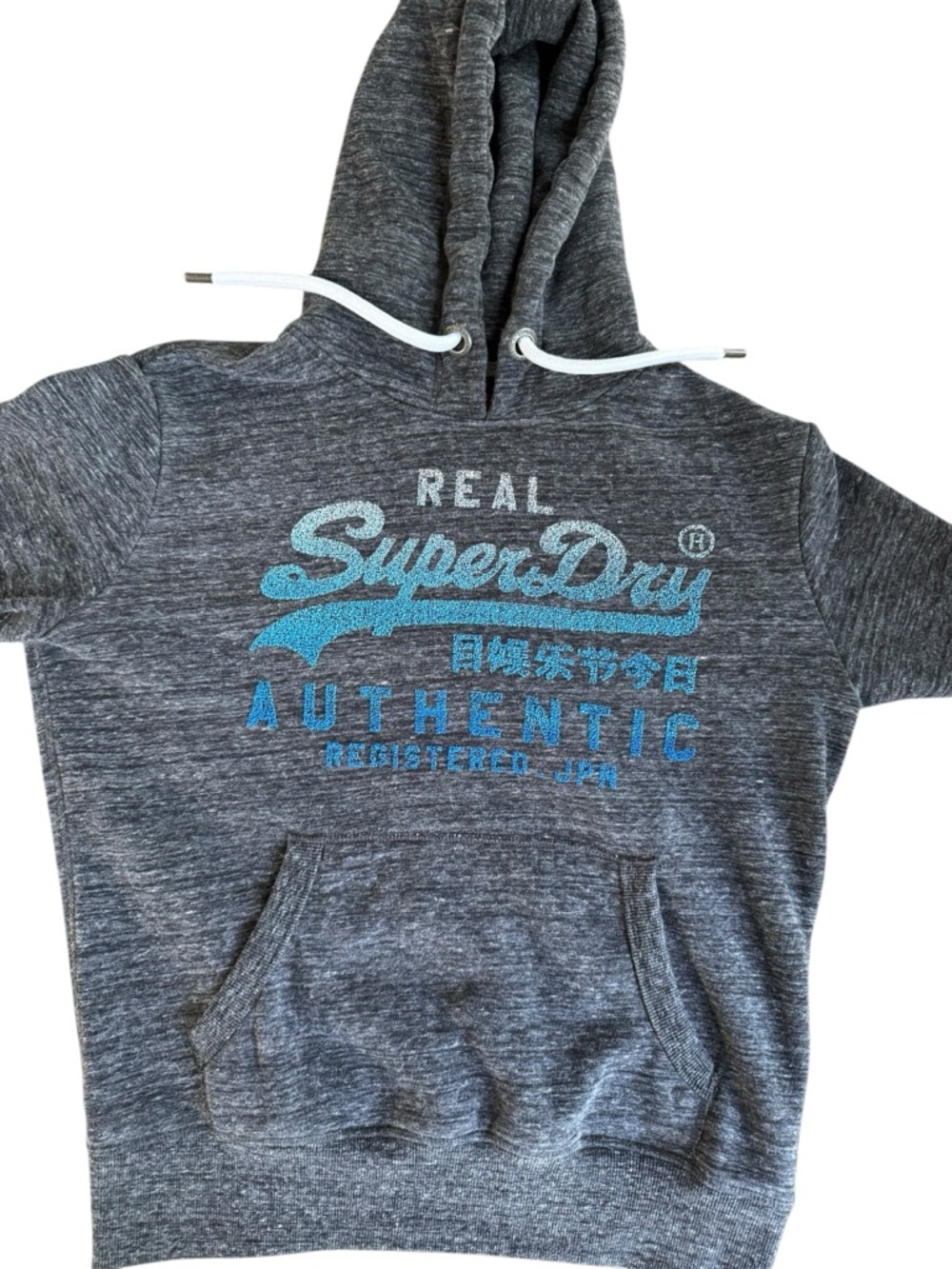 Vintage Superdry Gray Hoodie with Blue Logo